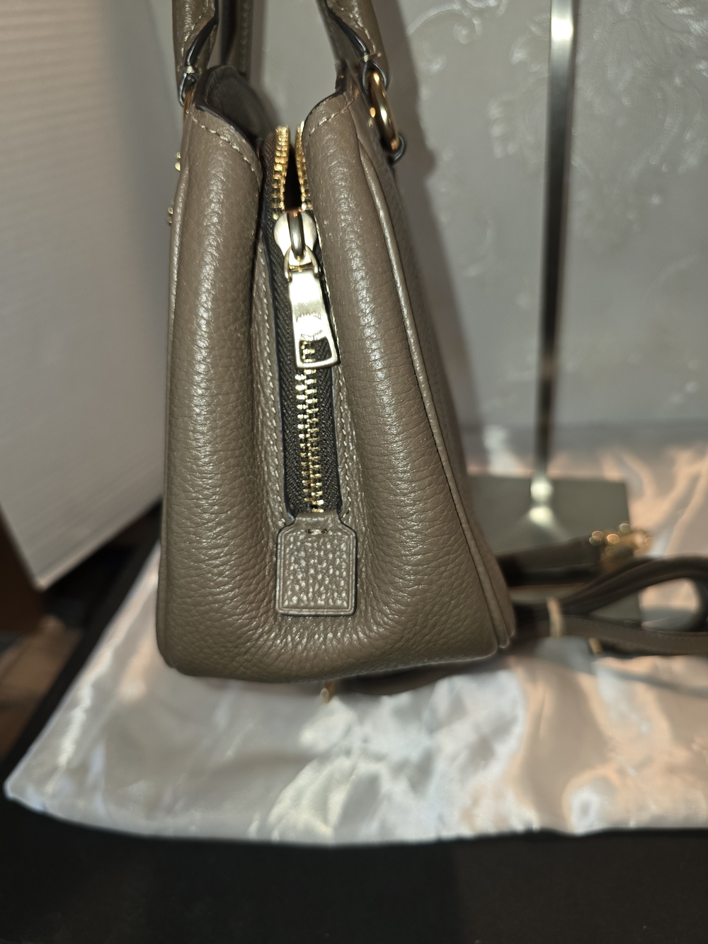 Coach Taupe Pebbled Leather Satchel with Leopard Scarf Accent - Picture 4 of 11